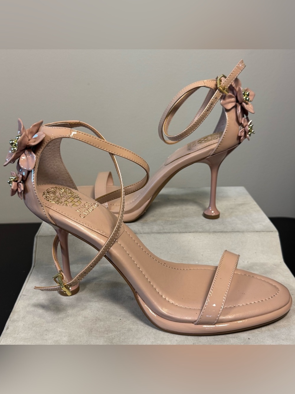 Nude Floral Embellished Ankle-Strap Heels by Vince Camuto, size 10,